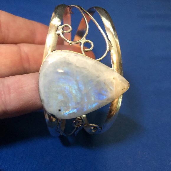 Jewelry By LJ Jewelry - Huge Gemstone Rainbow Moonstone 925 Stamped Bracelet with ADJ. band.